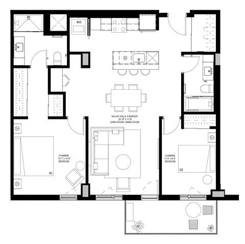 Floor plan for 2 beds, 2 baths, 1079 sqft